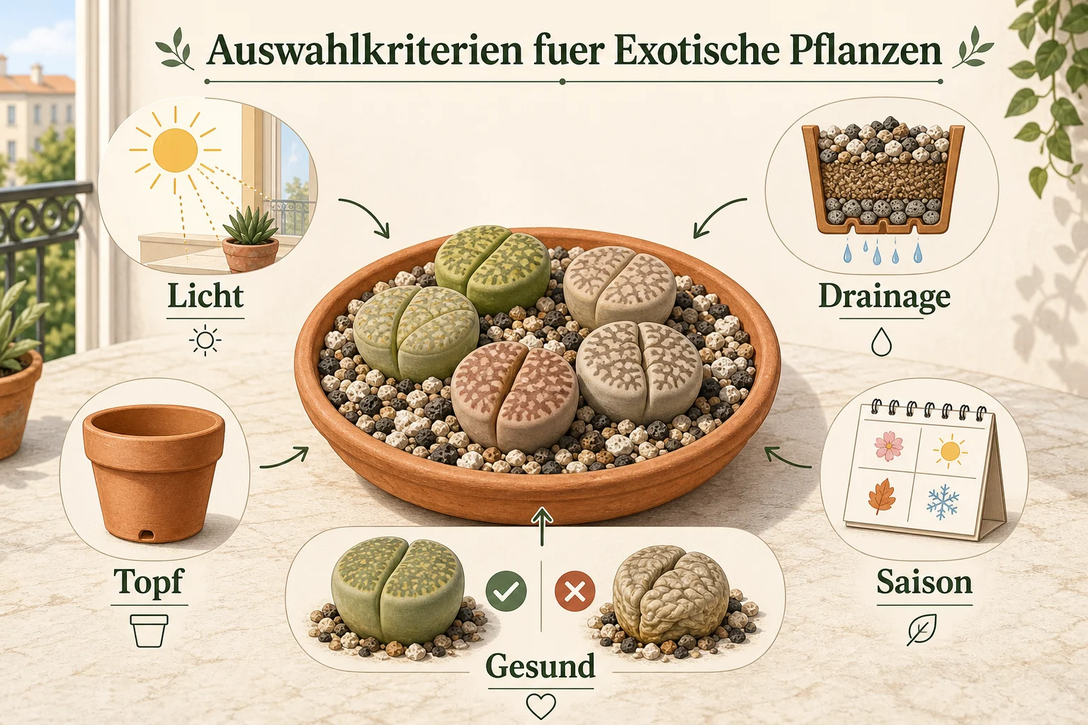 Infografik: Auswahlkriterien für Exotische Pflanzen - Lithops Pflege Lebende Steine: Anleitung, Tipps und häufige Fehler
