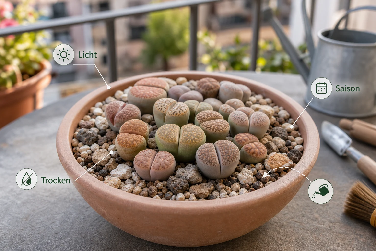 Erklärbild: Pflege, Timing und saisonale Besonderheiten - Lithops Pflege Lebende Steine: Anleitung, Tipps und häufige Fehler