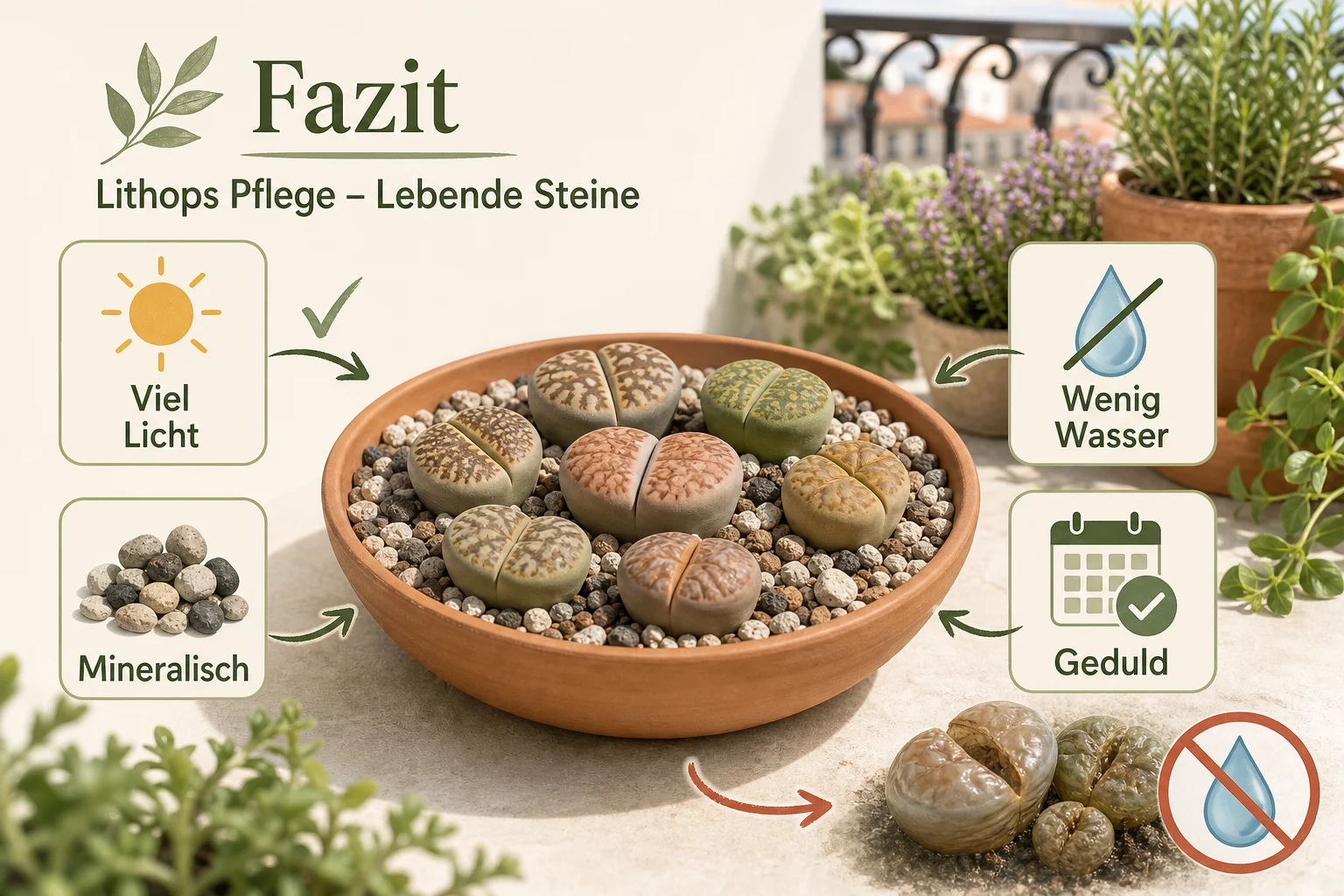 Infografik: Fazit - Lithops Pflege Lebende Steine: Anleitung, Tipps und häufige Fehler
