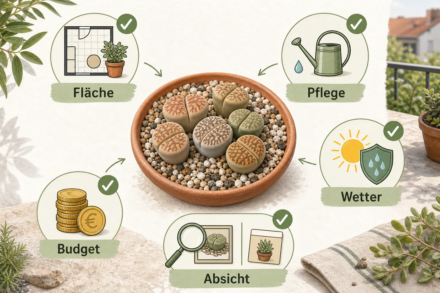 Infografik: Checkliste vor der Umsetzung - Lithops Pflege Lebende Steine: Anleitung, Tipps und häufige Fehler