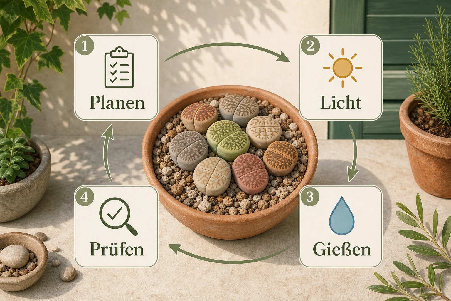 Infografik: Fazit und nächste Schritte - Lithops Pflege Lebende Steine: Anleitung, Tipps und häufige Fehler