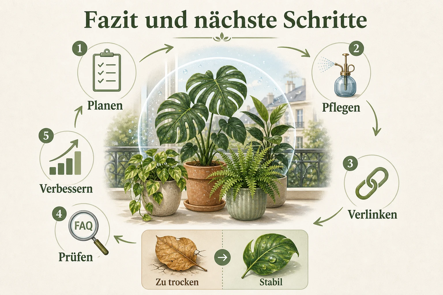 Infografik: Fazit und nächste Schritte - Luftfeuchtigkeit Zimmerpflanzen Erhöhen Tipps: Anleitung, Tipps und häufige Fehler