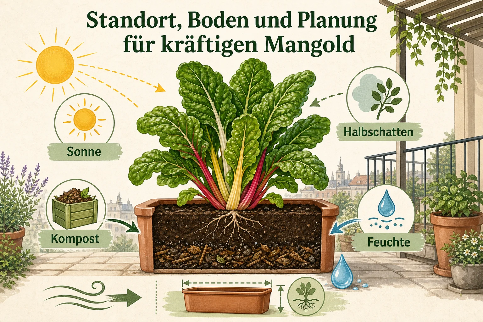 Infografik: Standort, Boden und Planung für kräftigen Mangold - Mangold anbauen pflege ernten: Anleitung, Tipps und häufige Fehler