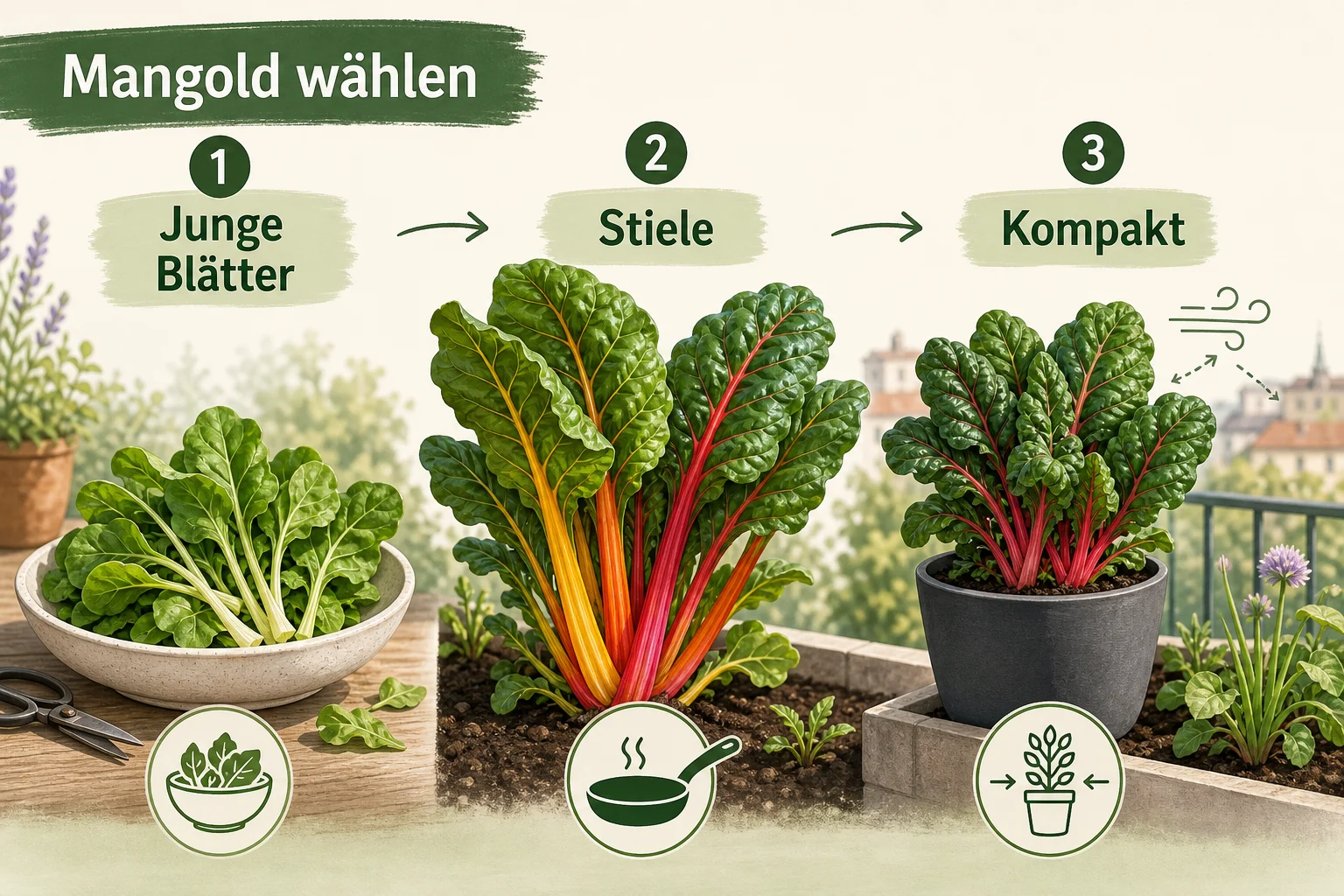 Infografik: Mangold als Blattgemüse und Salatbegleiter richtig auswählen - Mangold anbauen pflege ernten: Anleitung, Tipps und häufige Fehler