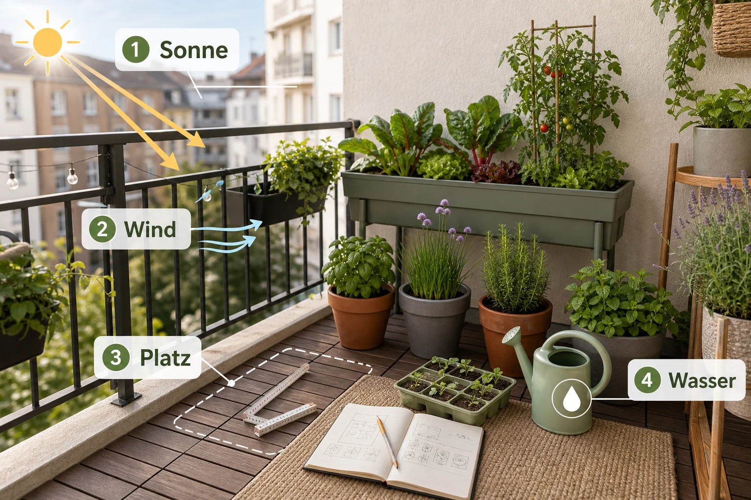 Infografik: Voraussetzungen, Standort und richtige Planung - Micro Gardening Balkon Anfänger: Anleitung, Tipps und häufige Fehler