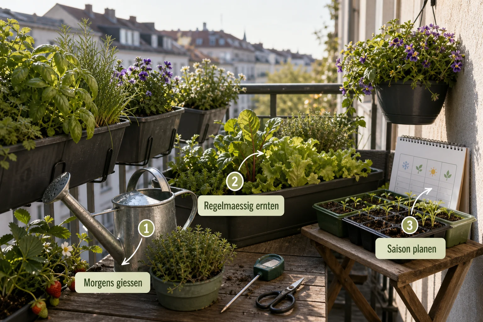 Infografik: Pflege, Timing und saisonale Besonderheiten - Micro Gardening Balkon Anfänger: Anleitung, Tipps und häufige Fehler