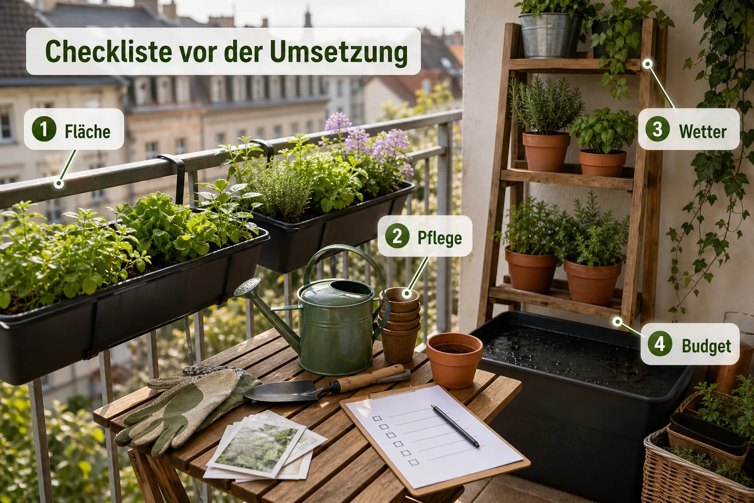 Infografik: Checkliste vor der Umsetzung - Micro Gardening Balkon Anfänger: Anleitung, Tipps und häufige Fehler