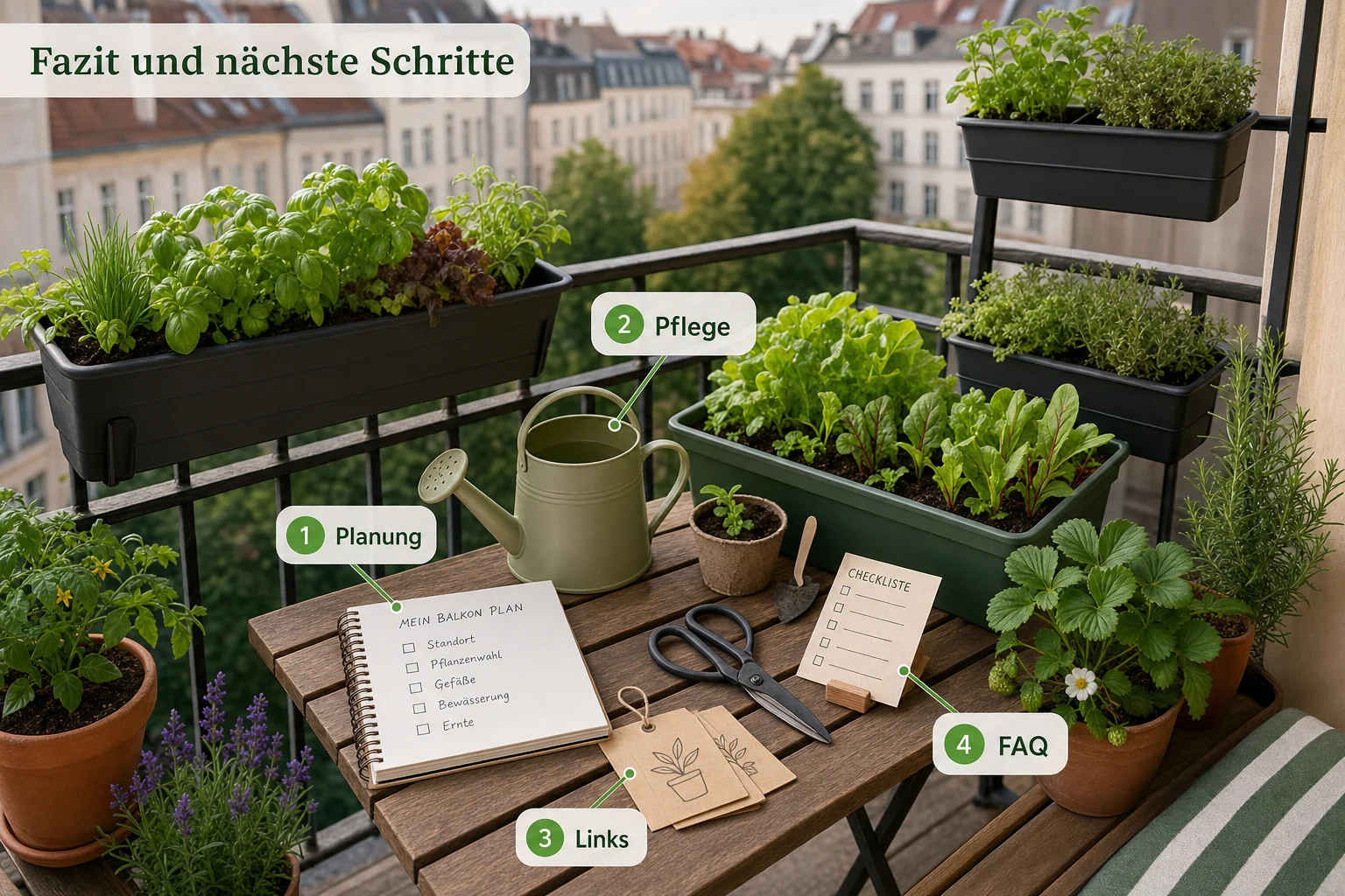 Infografik: Fazit und nächste Schritte - Micro Gardening Balkon Anfänger: Anleitung, Tipps und häufige Fehler