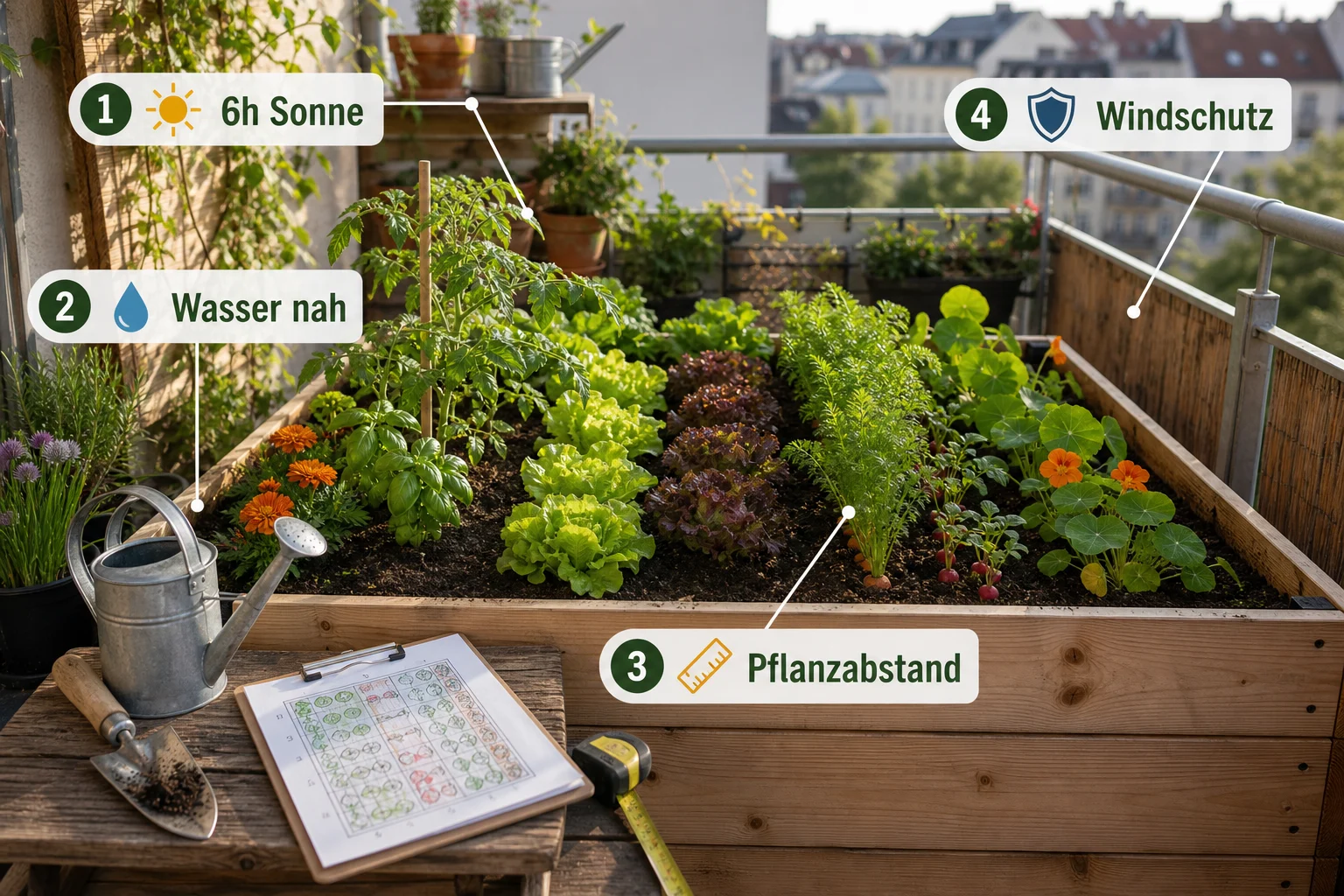 Infografik: Voraussetzungen, Standort und richtige Planung - Mischkultur Hochbeet Tabelle Kombinationen: Tabelle, Beispiele und Tipps