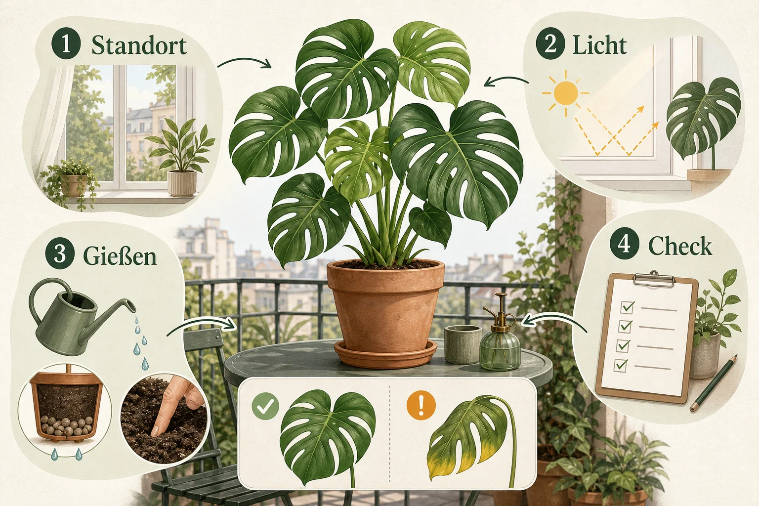 Infografik: Grundlagen verstehen - Monstera pflege standort gießen tipps Ratgeber