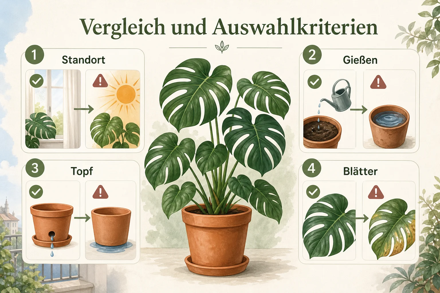 Infografik: Vergleich und Auswahlkriterien - Monstera pflege standort gießen tipps Ratgeber