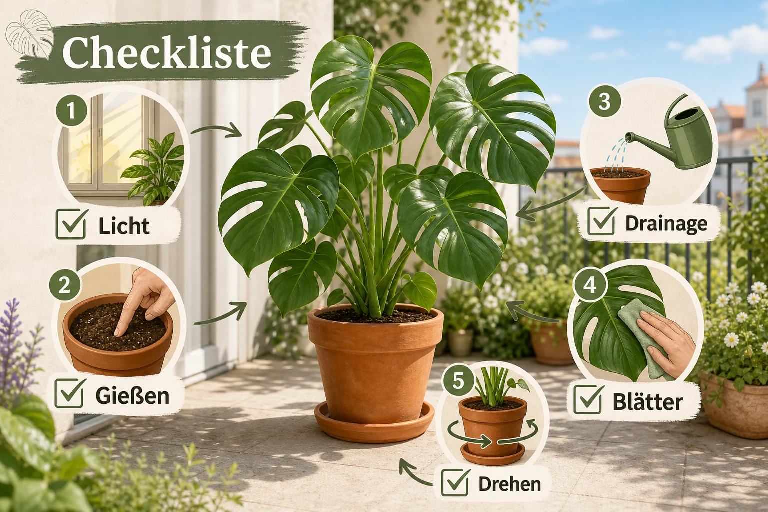 Infografik: Checkliste - Monstera pflege standort gießen tipps Ratgeber