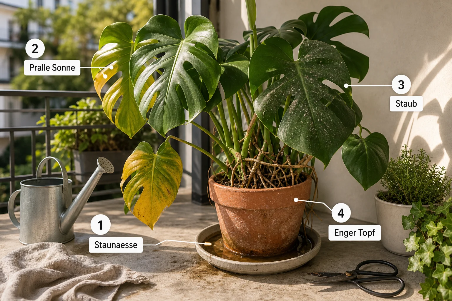 Erklärbild: Häufige Fehler - Monstera pflege standort gießen tipps Ratgeber