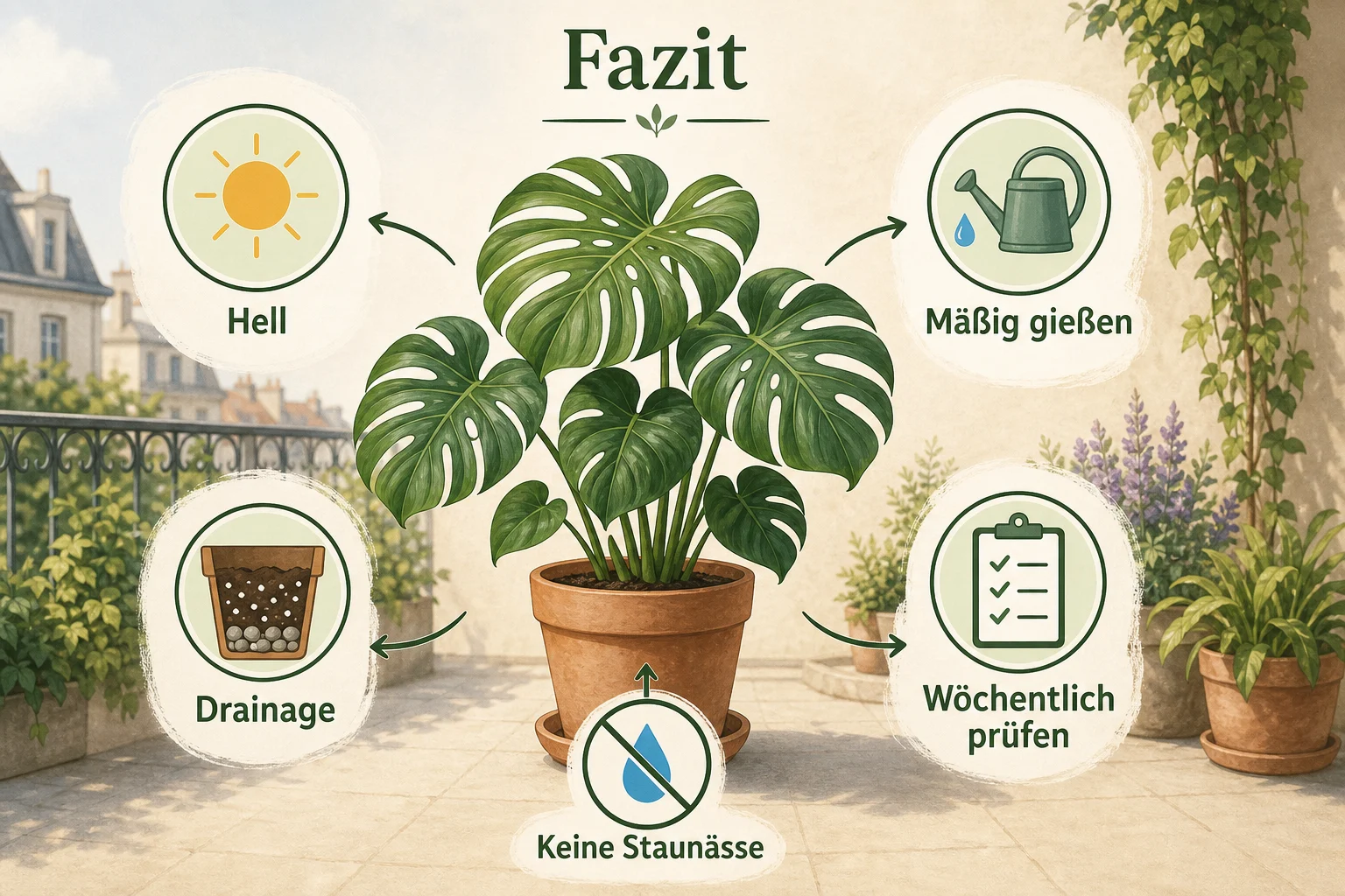 Infografik: Fazit - Monstera pflege standort gießen tipps Ratgeber