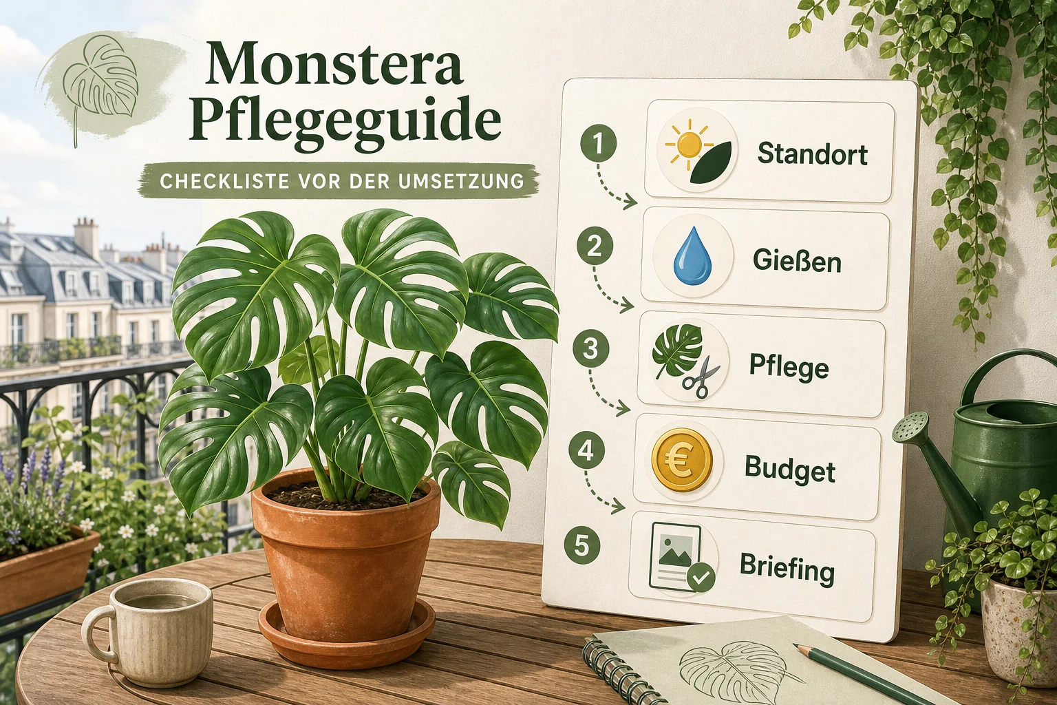 Infografik: Checkliste vor der Umsetzung - Monstera pflege standort gießen tipps Ratgeber