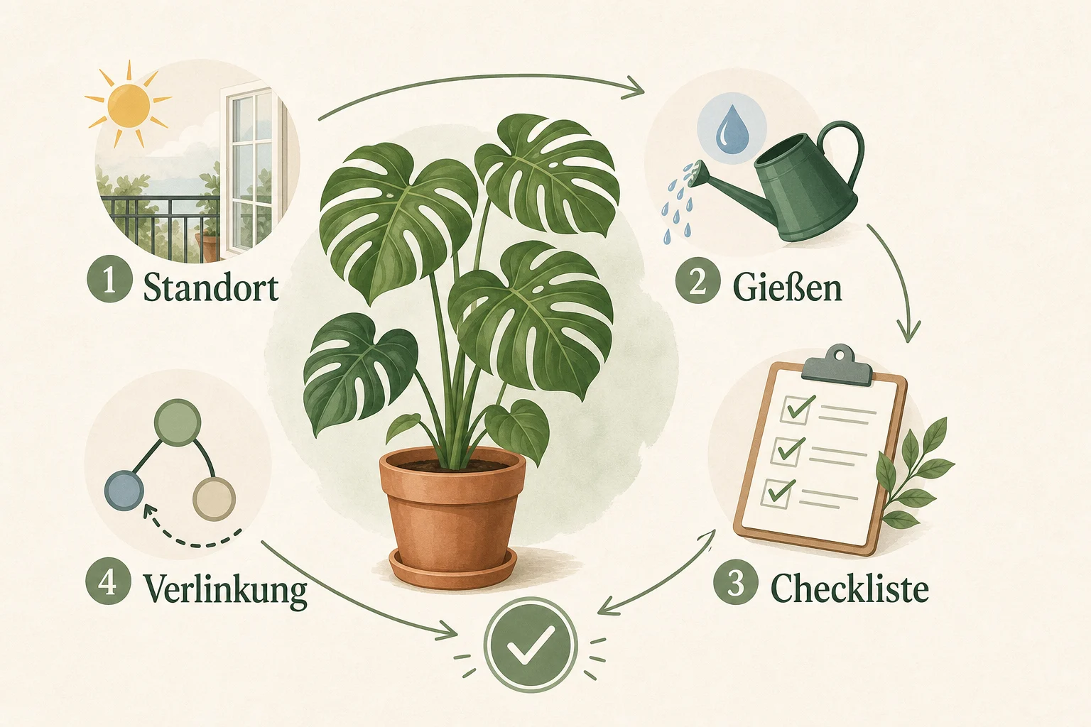 Infografik: Fazit und nächste Schritte - Monstera pflege standort gießen tipps Ratgeber