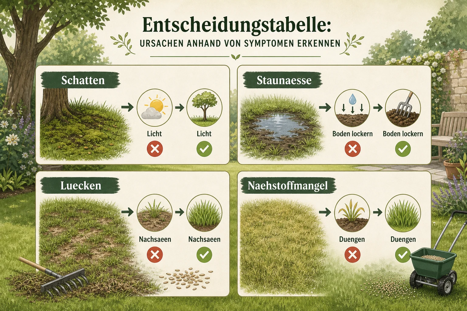 Infografik: Entscheidungstabelle: Welche Ursache erkennen Sie an welchem Symptom? - Moos Rasen entfernen dauerhaft: Anleitung, Tipps und häufige Fehler