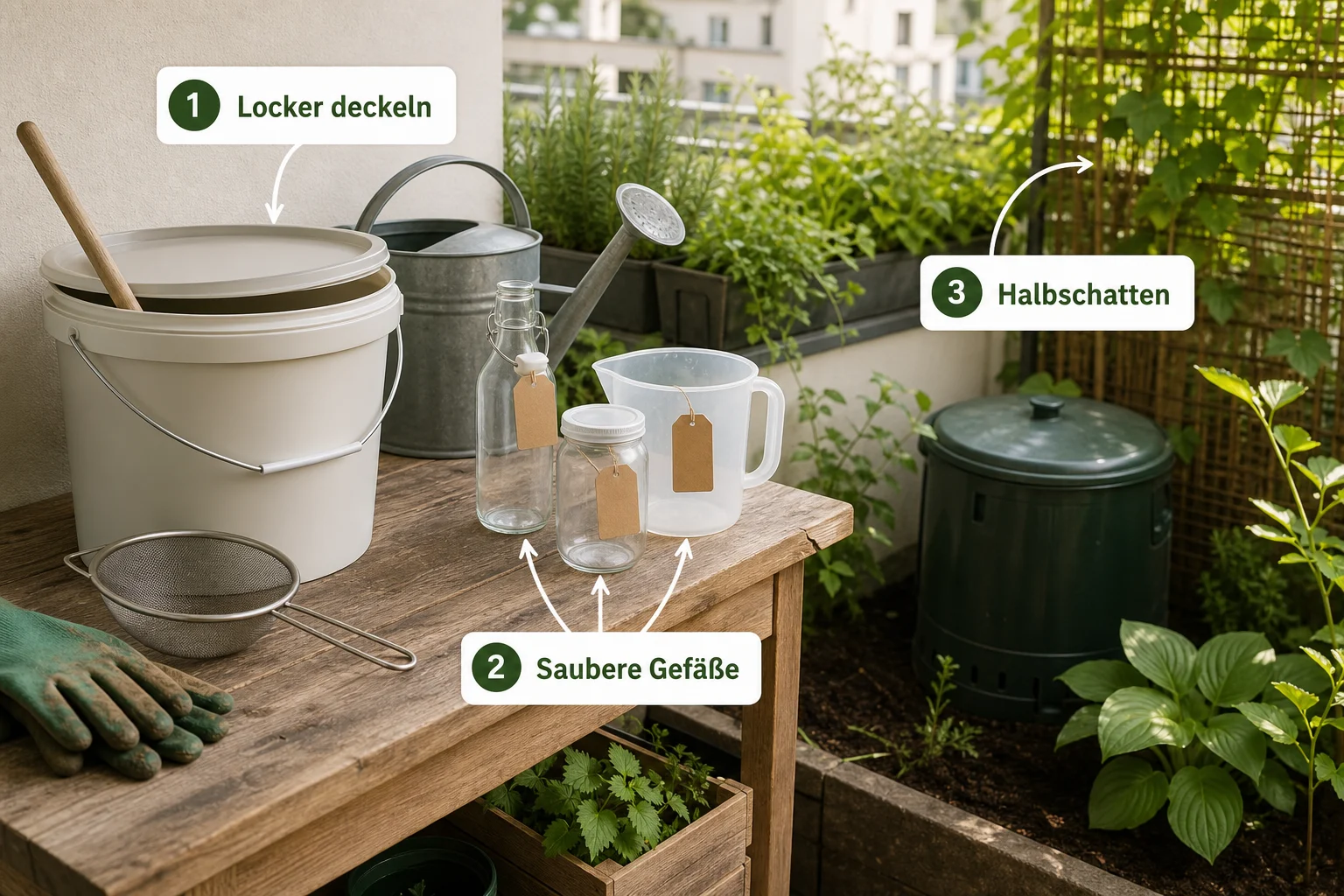 Erklärbild: Platz, Gefäße und Hygiene für selbst gemachten Dünger planen - Natürlicher Dünger Selber Machen: Anleitung, Tipps und häufige Fehler