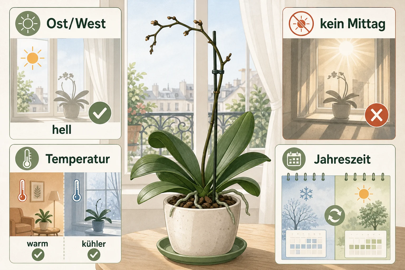 Infografik: Voraussetzungen, Standort und richtige Planung - Orchideen nach Blüte pflegen schneiden: Anleitung, Tipps und häufige Fehler