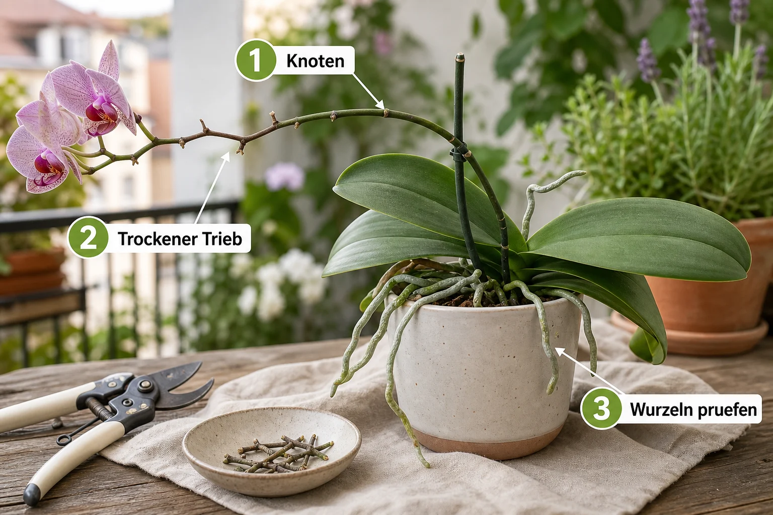 Erklärbild: Schritt-für-Schritt-Anleitung - Orchideen nach Blüte pflegen schneiden: Anleitung, Tipps und häufige Fehler