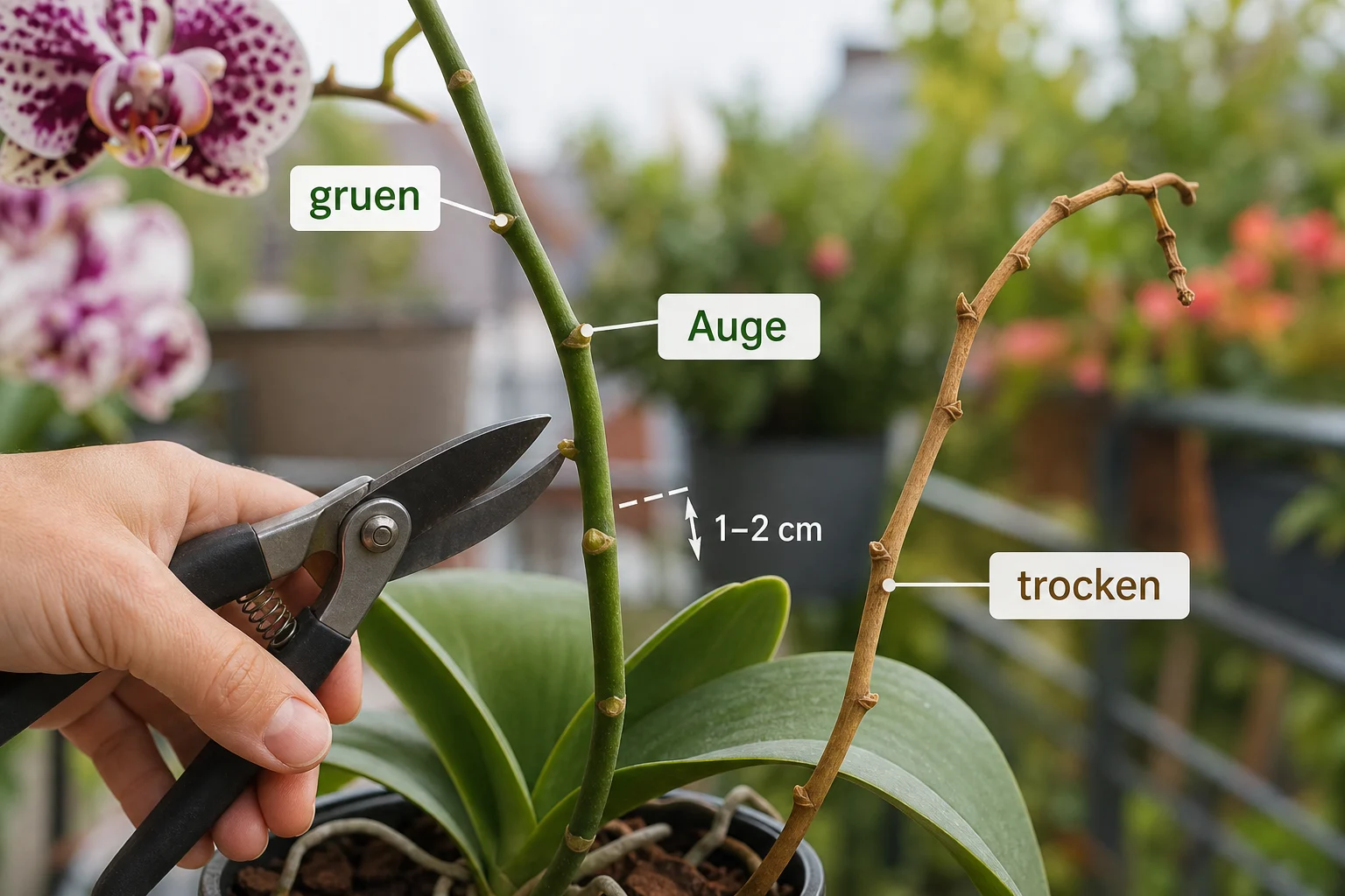Erklärbild: 1. Blütentrieb beurteilen - Orchideen nach Blüte pflegen schneiden: Anleitung, Tipps und häufige Fehler