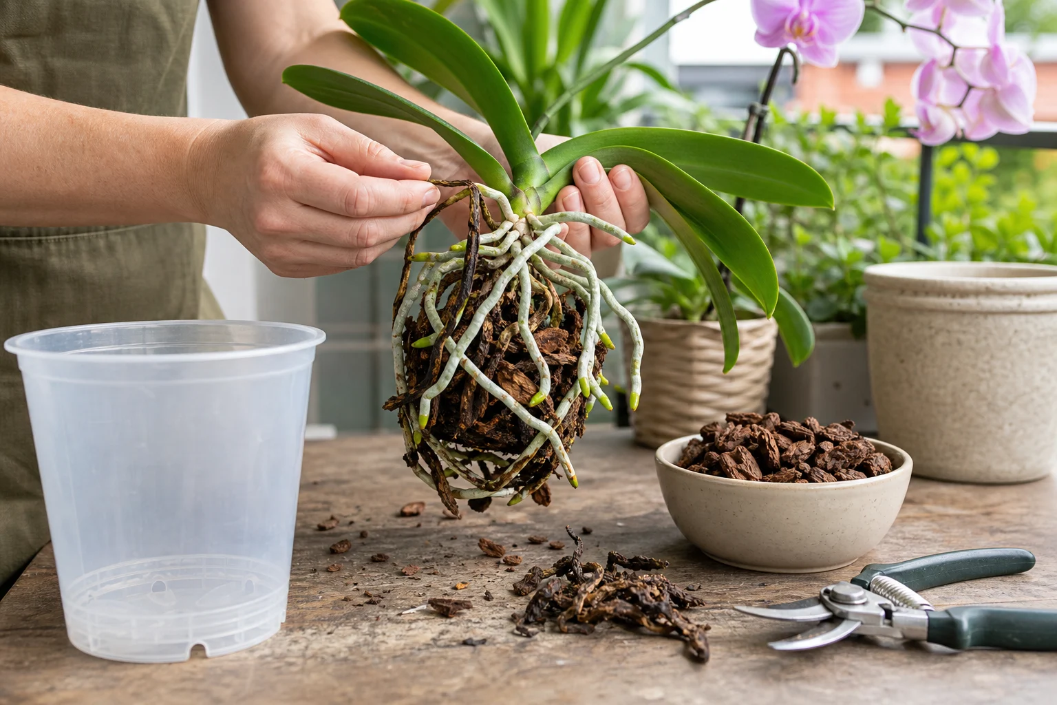 Foto: 3. Wurzeln und Substrat prüfen - Orchideen nach Blüte pflegen schneiden: Anleitung, Tipps und häufige Fehler