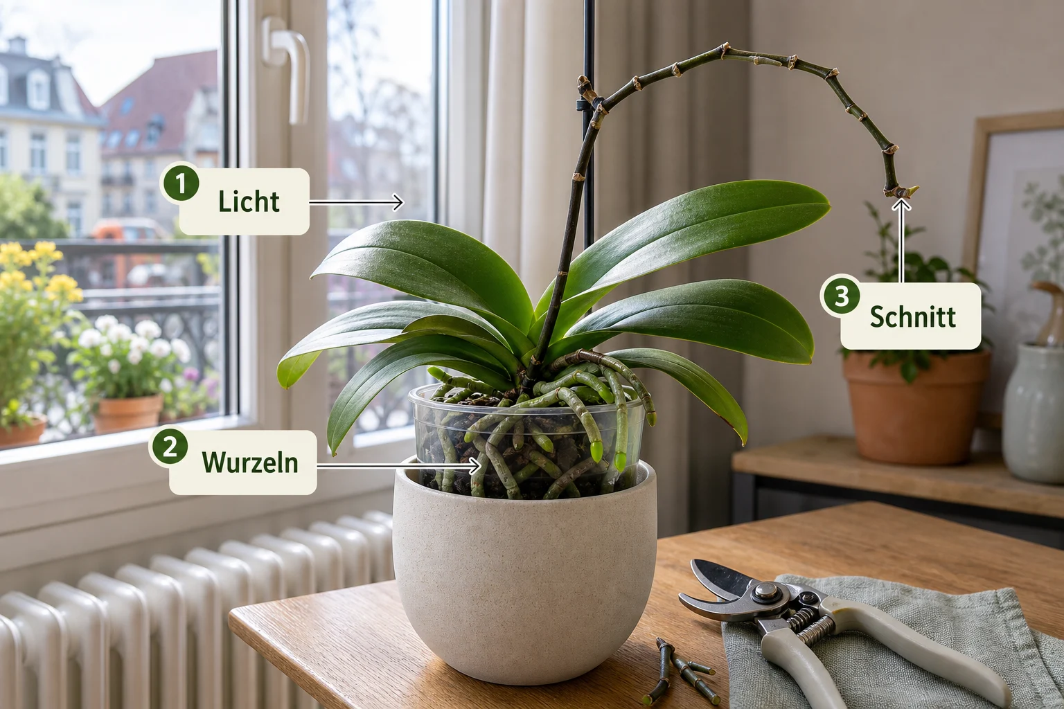 Erklärbild: Pflege, Timing und saisonale Besonderheiten - Orchideen nach Blüte pflegen schneiden: Anleitung, Tipps und häufige Fehler