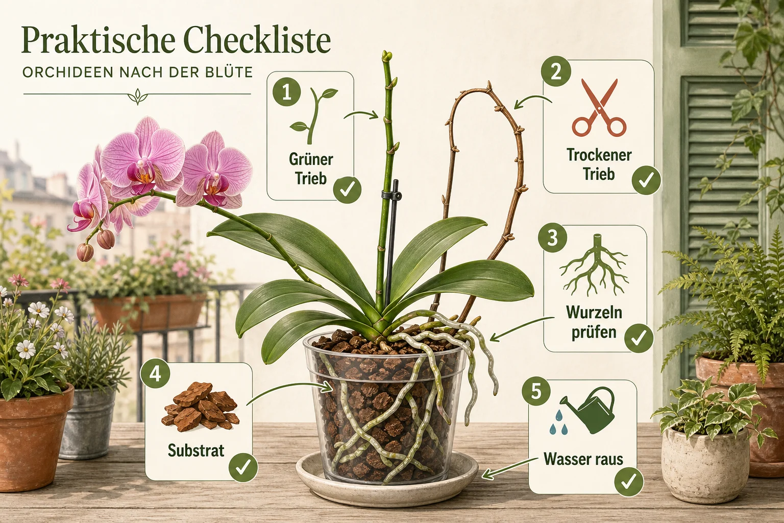 Infografik: Praktische Checkliste - Orchideen nach Blüte pflegen schneiden: Anleitung, Tipps und häufige Fehler