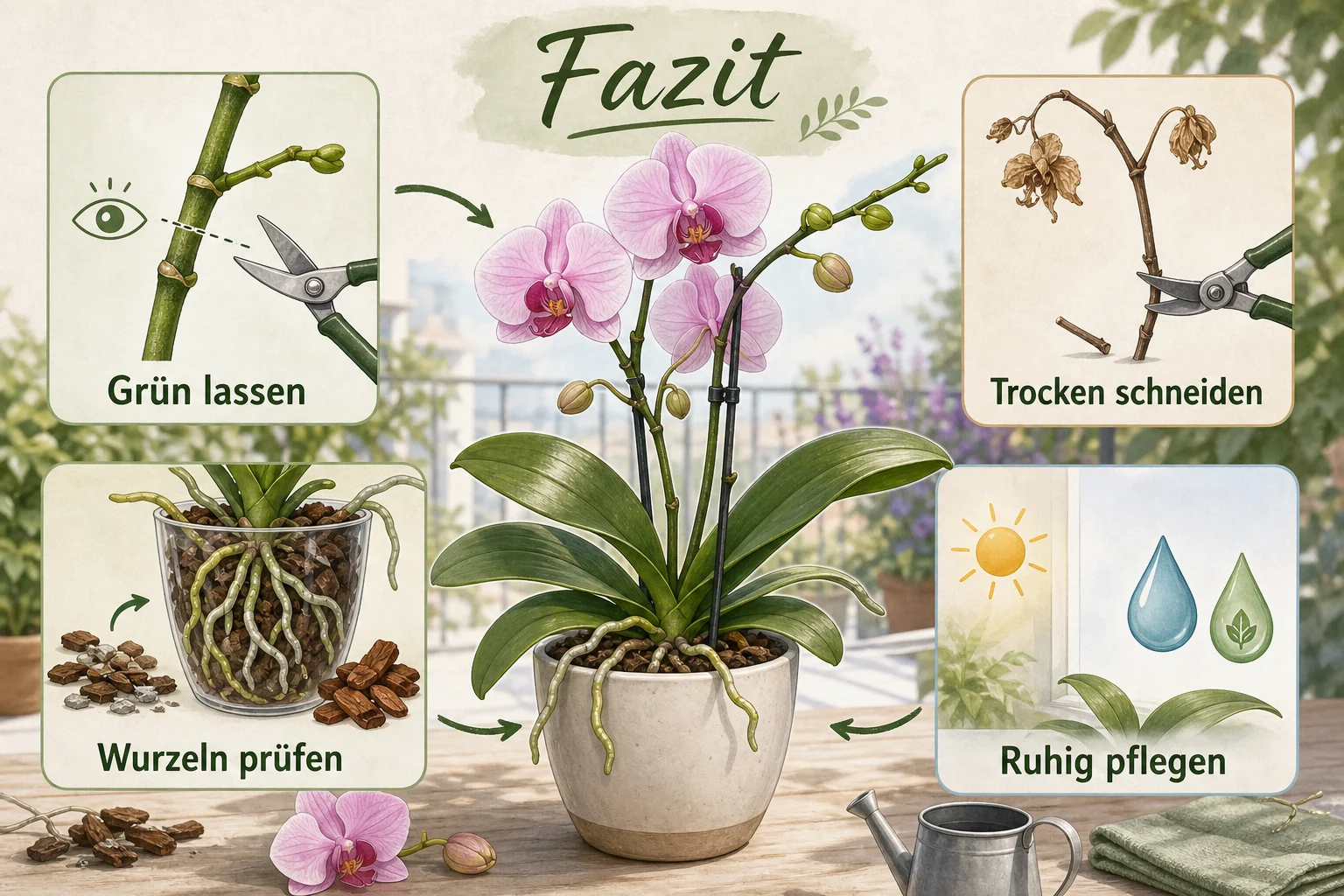 Infografik: Fazit - Orchideen nach Blüte pflegen schneiden: Anleitung, Tipps und häufige Fehler