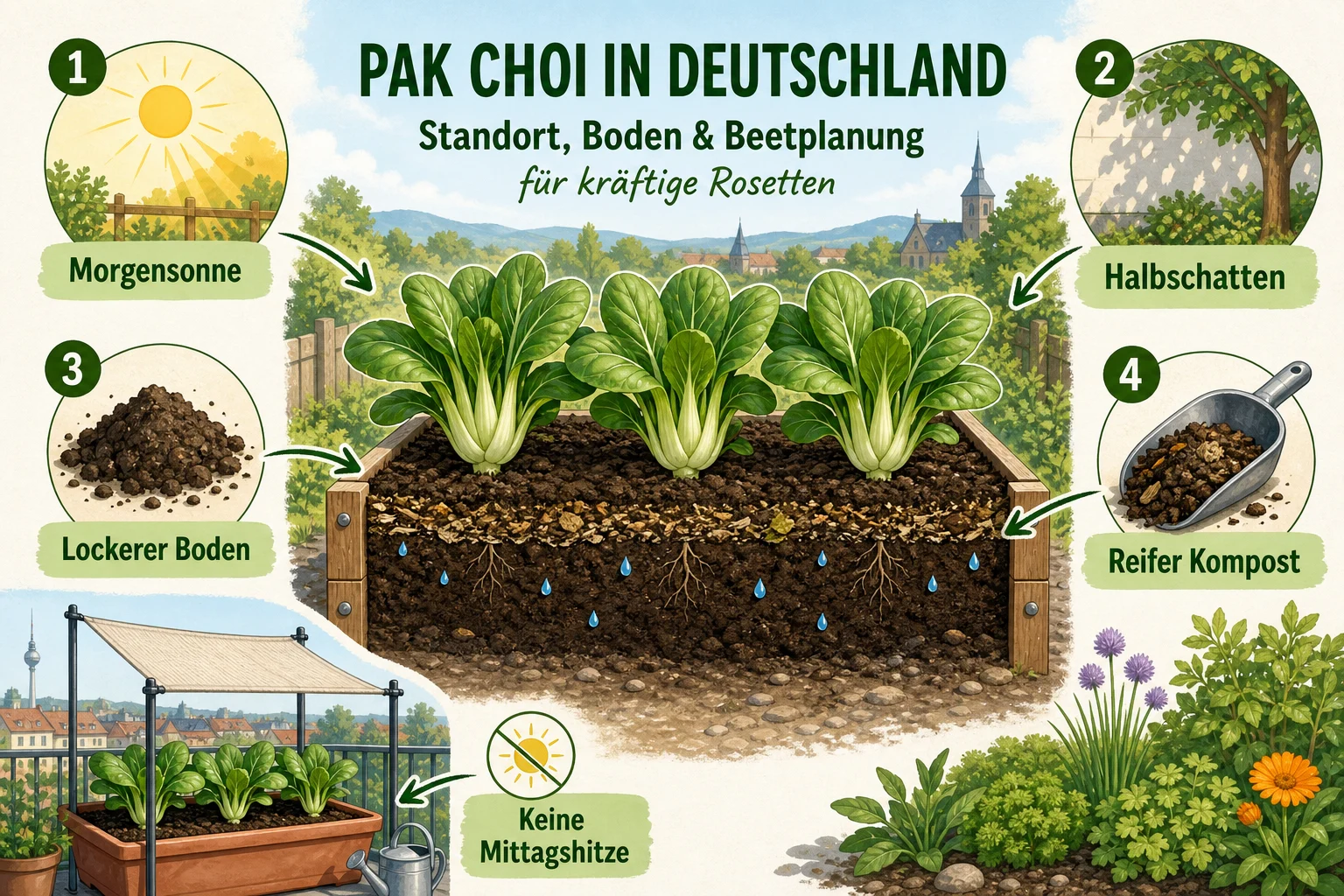 Infografik: Standort, Boden und Beetplanung für kräftige Pak-Choi-Rosetten - Pak Choi anbauen Deutschland: Anleitung, Tipps und häufige Fehler
