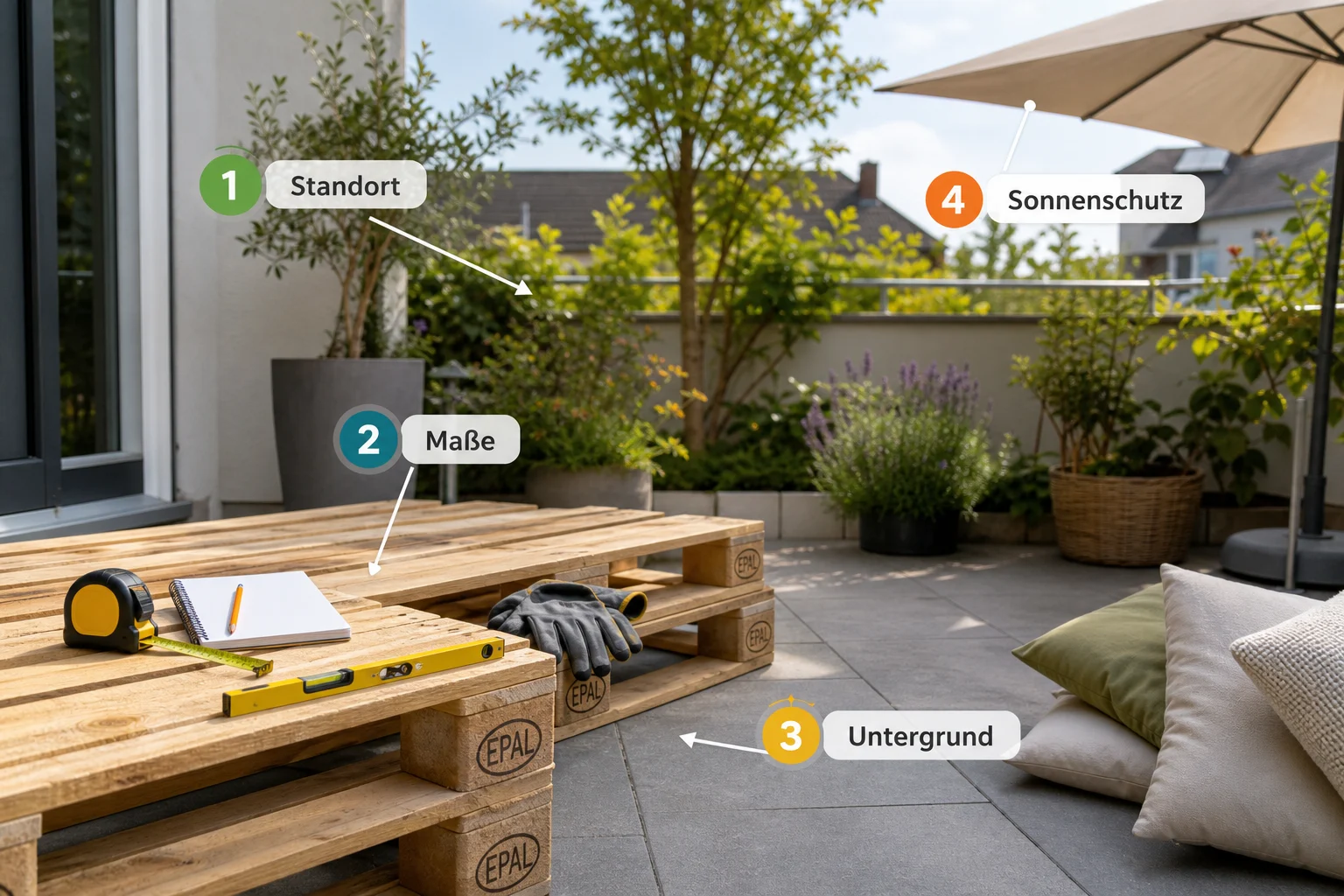 Infografik: Voraussetzungen, Standort und richtige Planung - Palettenmöbel Garten Bauen Anleitung: Schritt-für-Schritt erklärt