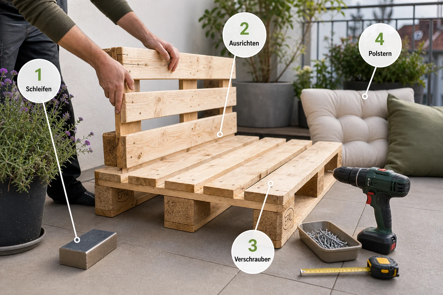 Infografik: Schritt-für-Schritt-Anleitung - Palettenmöbel Garten Bauen Anleitung: Schritt-für-Schritt erklärt