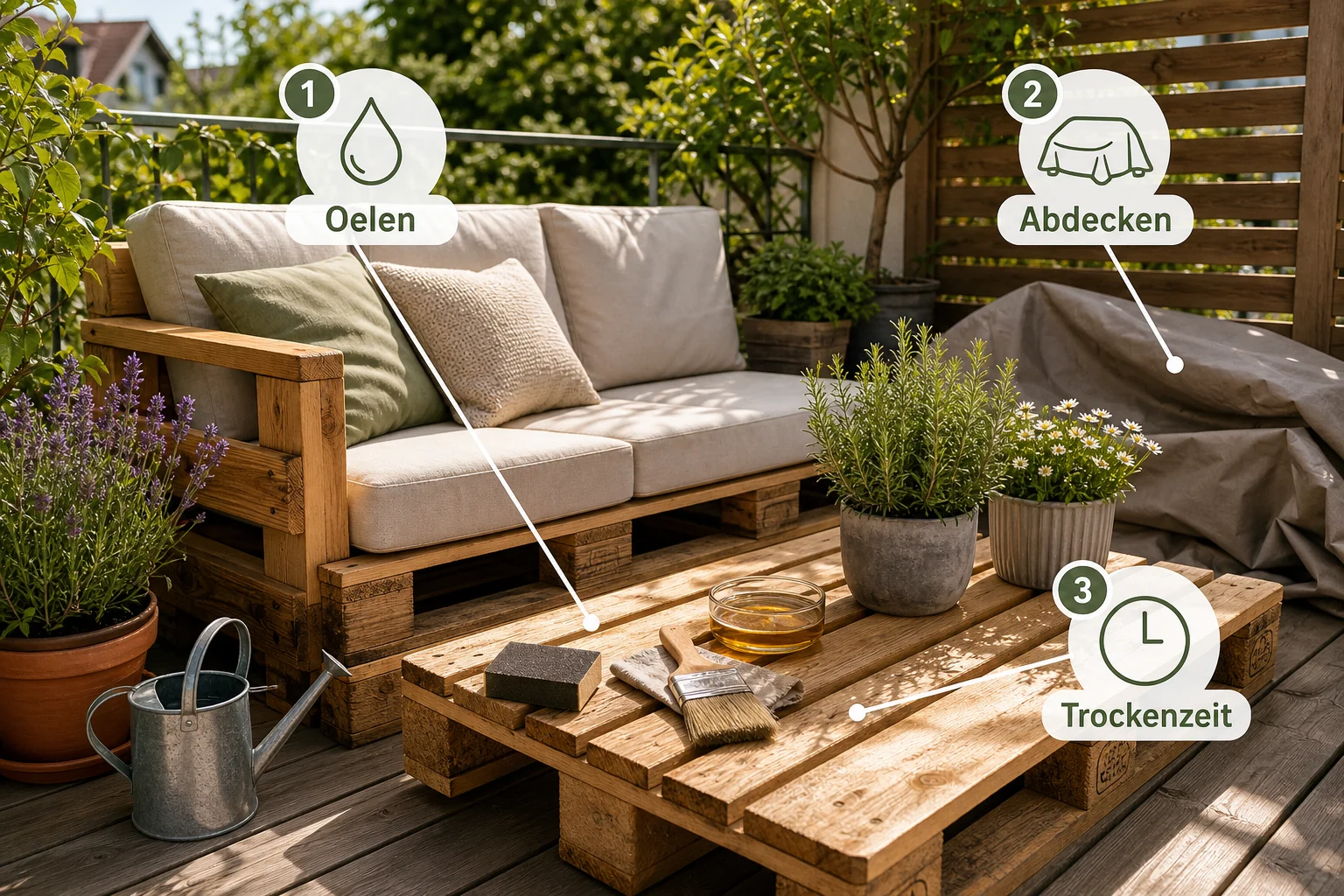 Infografik: Pflege, Timing und saisonale Besonderheiten - Palettenmöbel Garten Bauen Anleitung: Schritt-für-Schritt erklärt