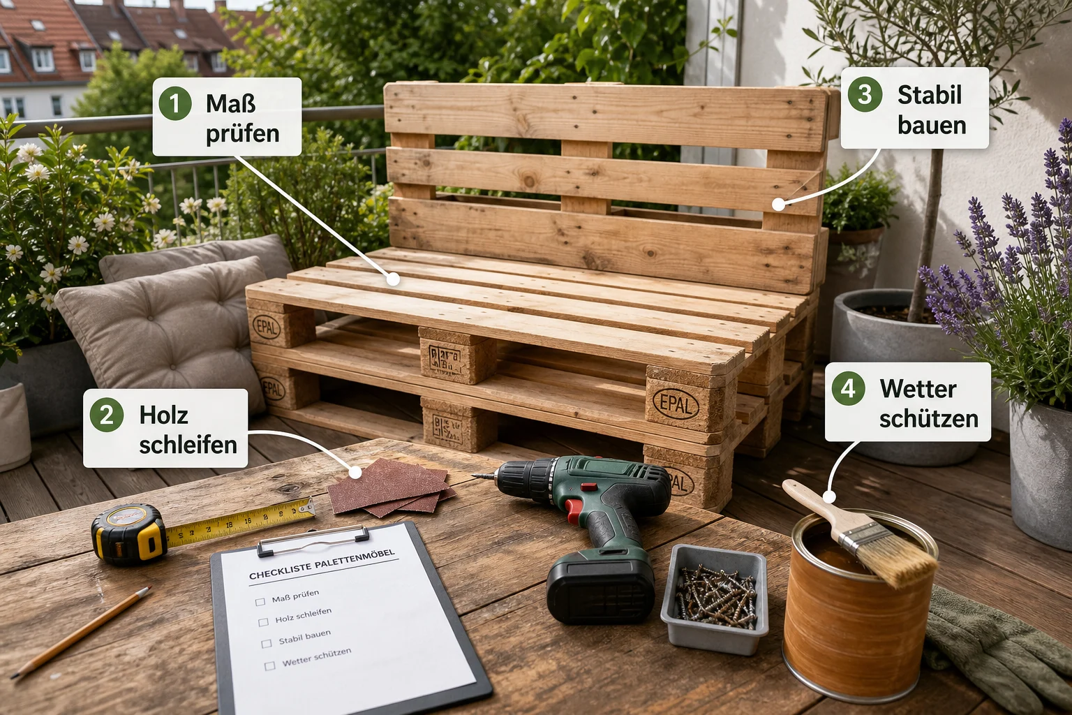 Infografik: Praktische Checkliste - Palettenmöbel Garten Bauen Anleitung: Schritt-für-Schritt erklärt