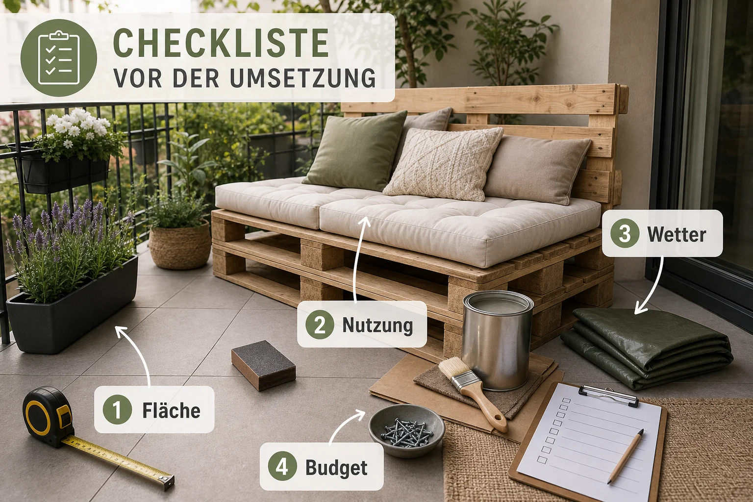 Infografik: Checkliste vor der Umsetzung - Palettenmöbel Garten Bauen Anleitung: Schritt-für-Schritt erklärt