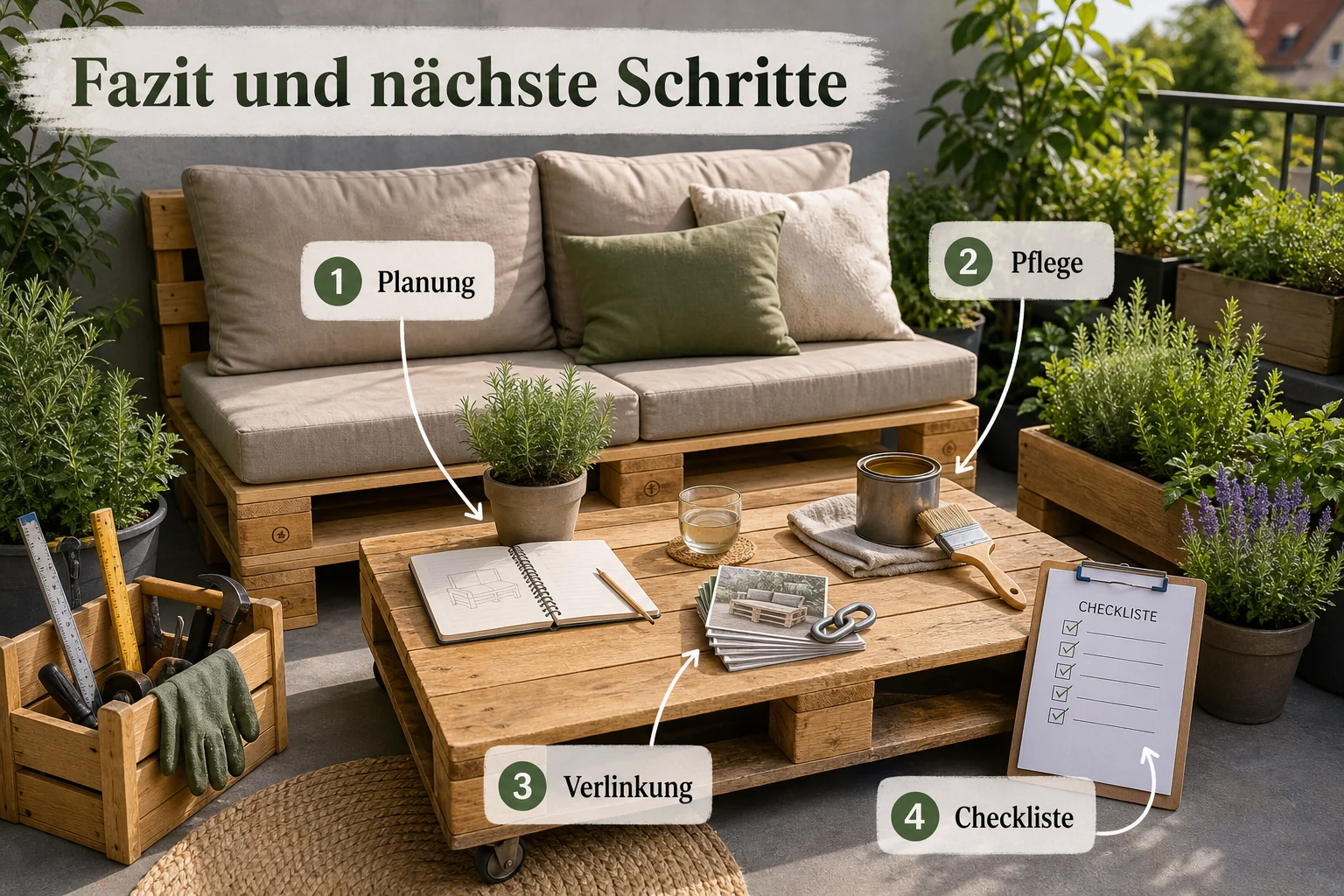 Infografik: Fazit und nächste Schritte - Palettenmöbel Garten Bauen Anleitung: Schritt-für-Schritt erklärt