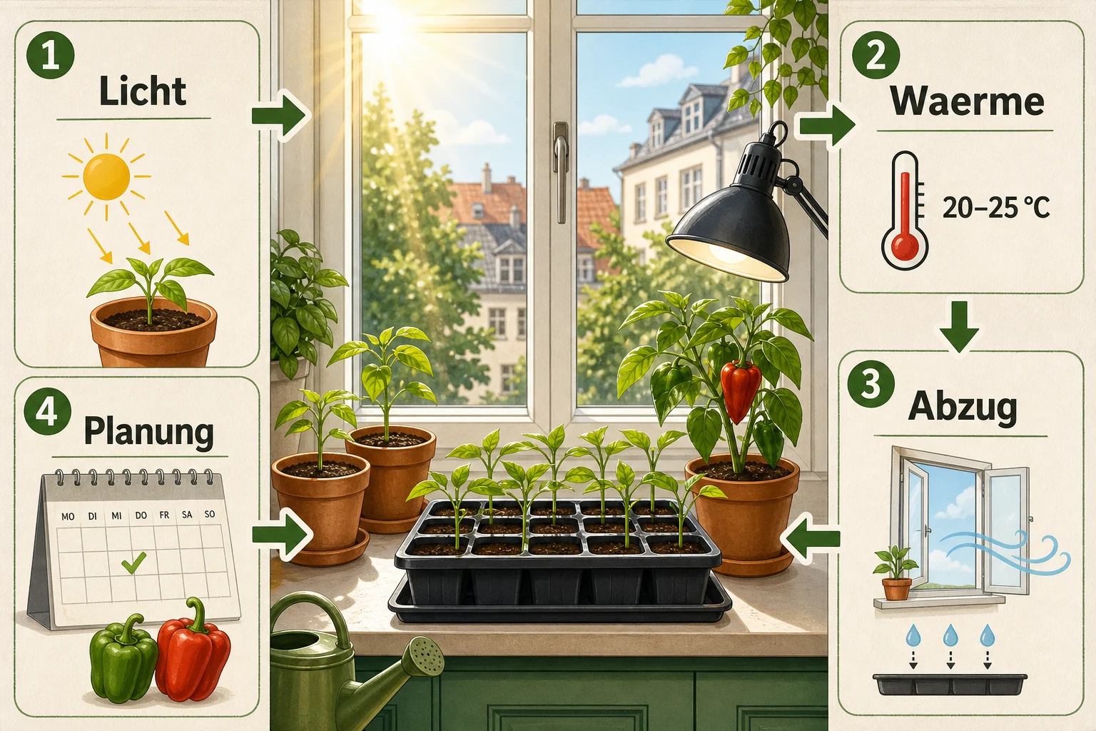 Infografik: Voraussetzungen, Standort und richtige Planung - Paprika Aussaat Zeitpunkt Anleitung: Schritt für Schritt erklärt