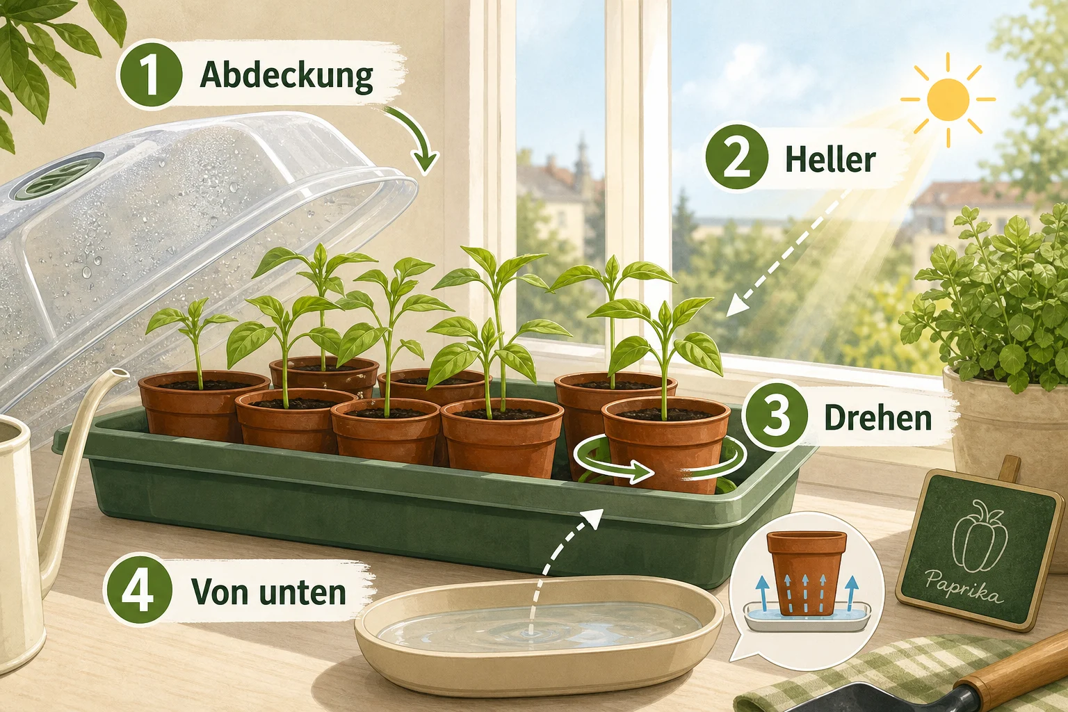 Infografik: 5. Nach dem Keimen heller stellen - Paprika Aussaat Zeitpunkt Anleitung: Schritt für Schritt erklärt