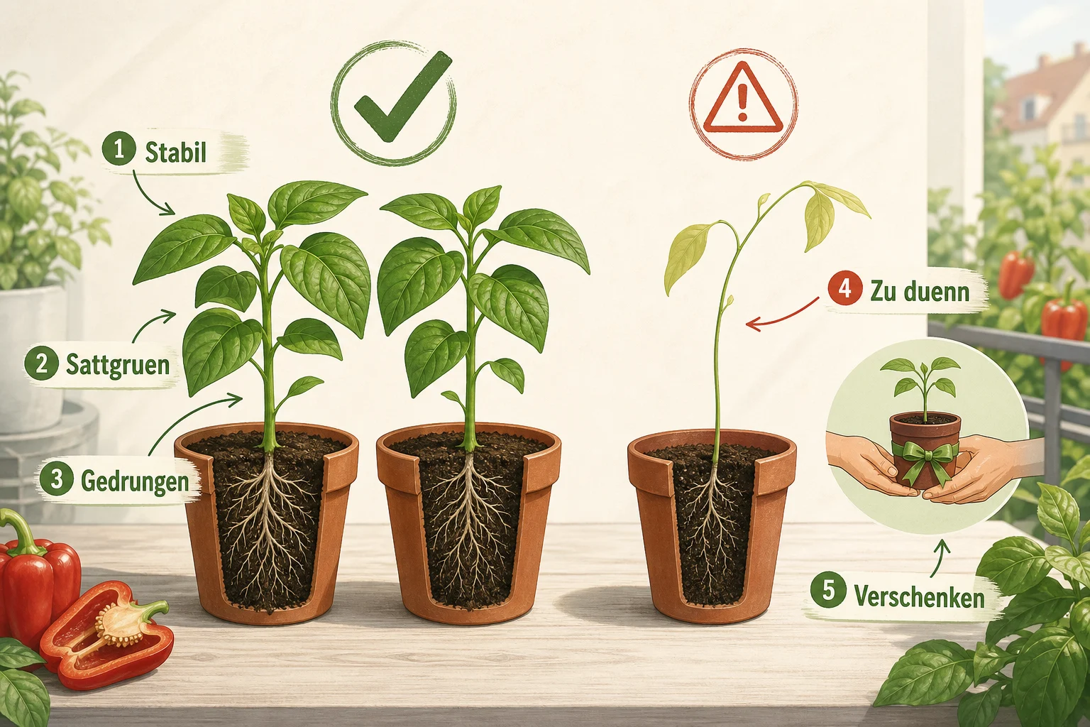 Infografik: 8. Stabile Jungpflanzen auswählen - Paprika Aussaat Zeitpunkt Anleitung: Schritt für Schritt erklärt