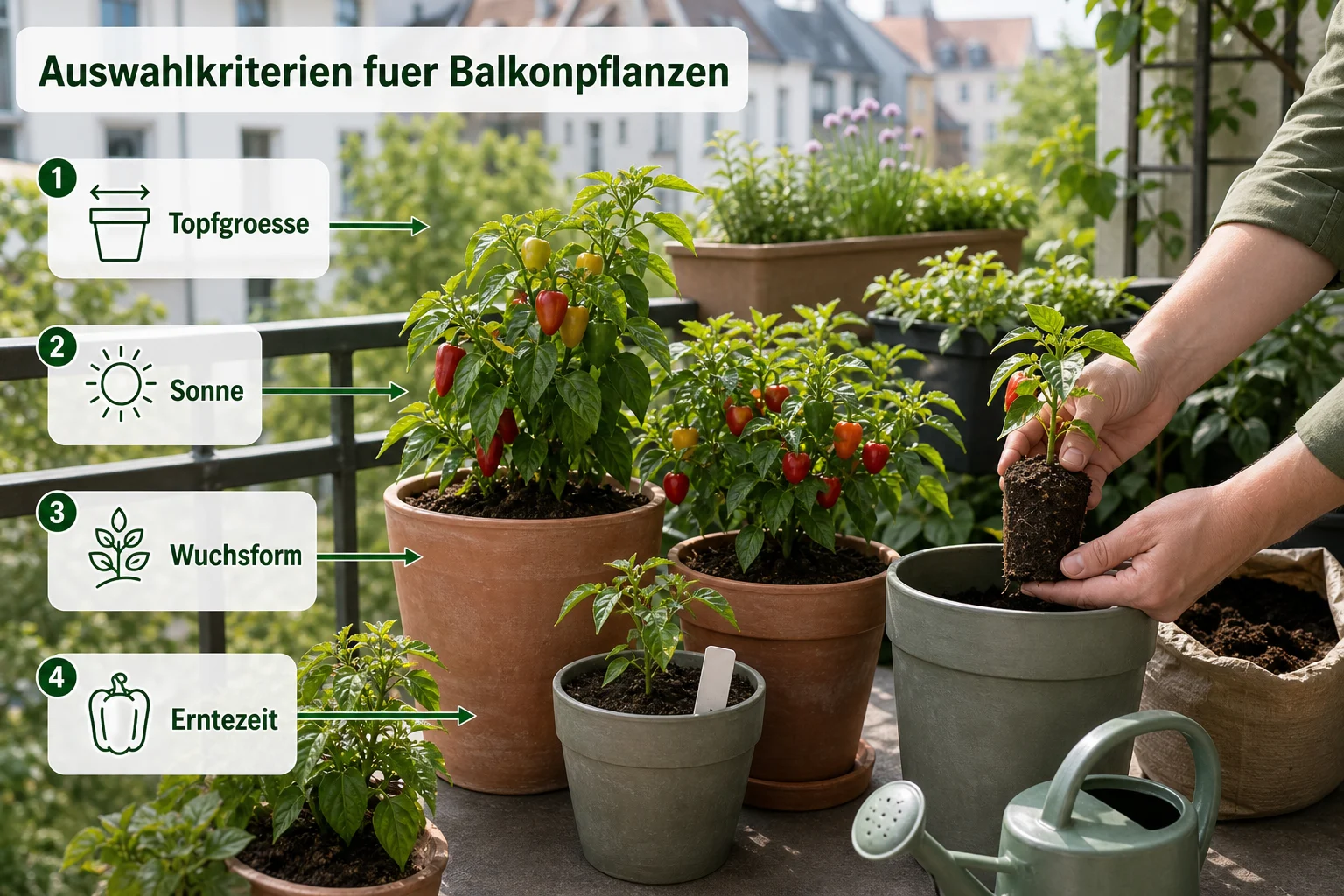 Infografik: Auswahlkriterien für Balkonpflanzen - Paprika Balkon Anbauen Topf Sorte: Anleitung, Tipps und häufige Fehler