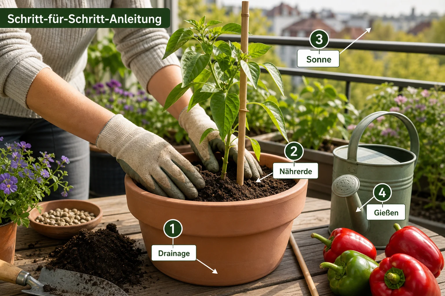 Erklärbild: Schritt-für-Schritt-Anleitung - Paprika Pflanzen Balkon Sorte Pflege: Anleitung, Tipps und häufige Fehler