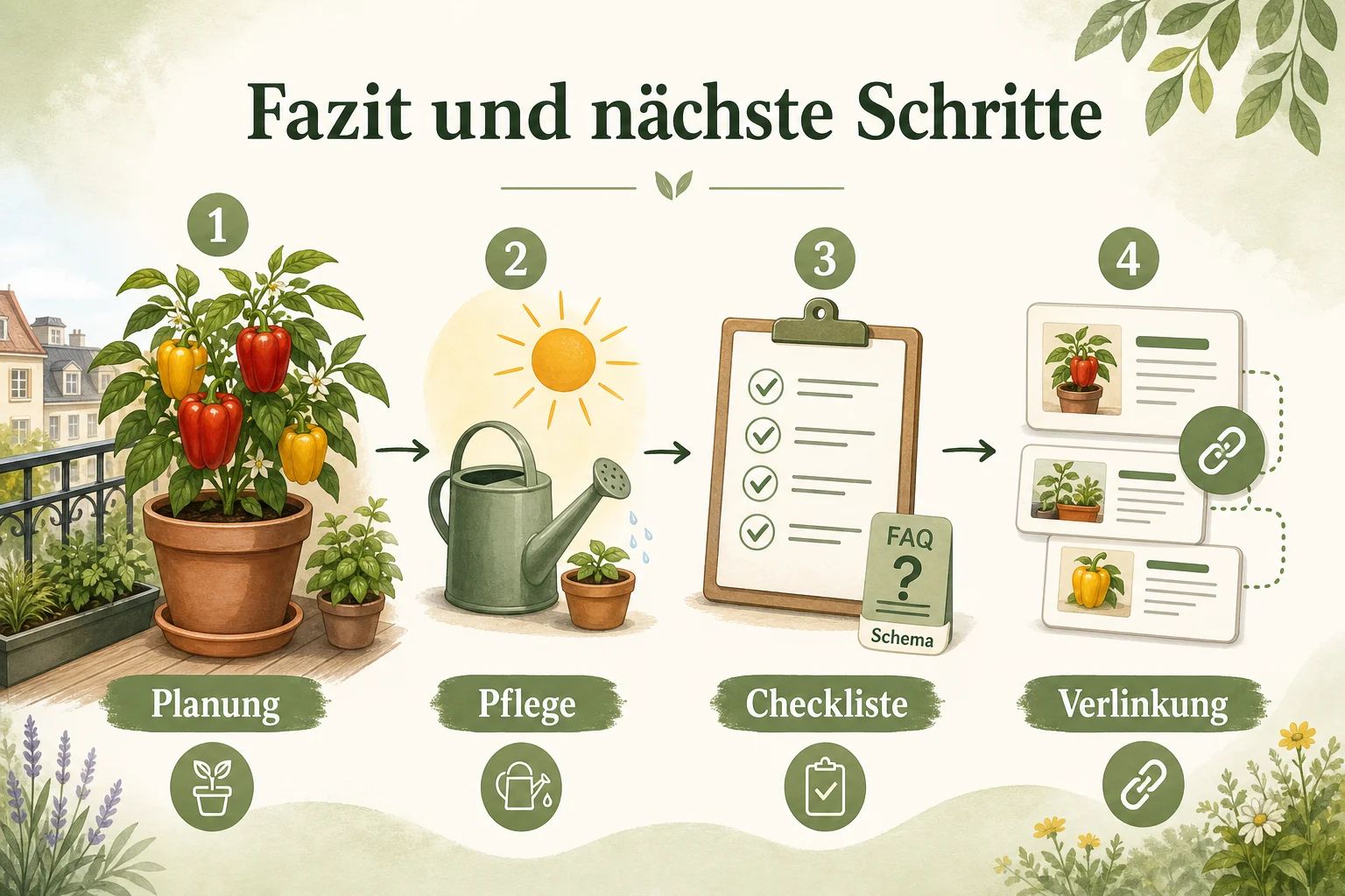 Infografik: Fazit und nächste Schritte - Paprika Pflanzen Balkon Sorte Pflege: Anleitung, Tipps und häufige Fehler