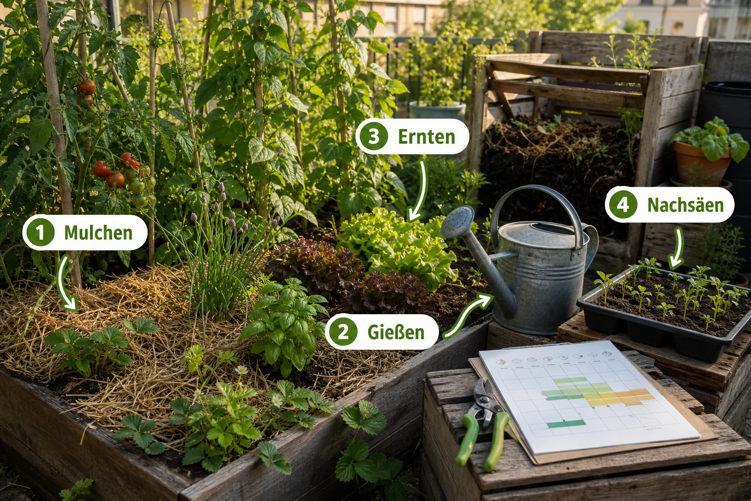 Infografik: Pflege, Timing und saisonale Besonderheiten - Permakultur Garten Anlegen Anfänger: Anleitung, Tipps und häufige Fehler