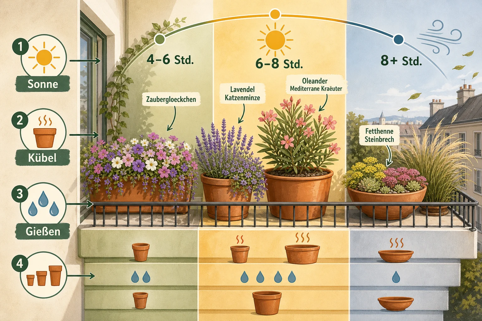 Infografik: Schnellauswahl: Welche Balkonpflanze passt zu Ihrem Sonnenbalkon? - Pflanzen für sonnige Balkone: 18 Arten für Hitze, pralle Sonne und wenig Wasser