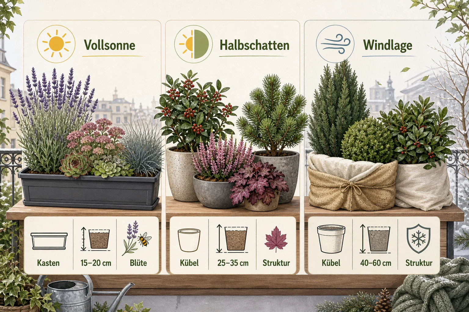 Infografik: Schnellauswahl nach Standort, Kübelgröße und Wirkung - Winterharte Pflanzen für den Balkon: 21 robuste Arten für Kübel und Kästen