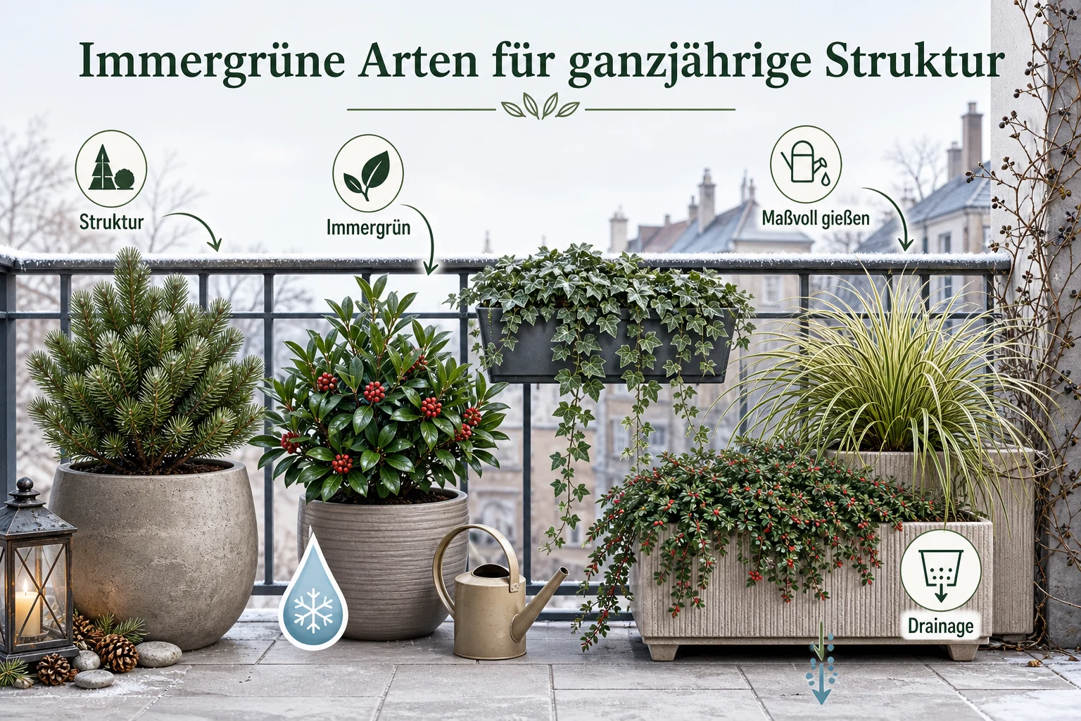 Infografik: Immergrüne Arten für ganzjährige Struktur - Winterharte Pflanzen für den Balkon: 21 robuste Arten für Kübel und Kästen