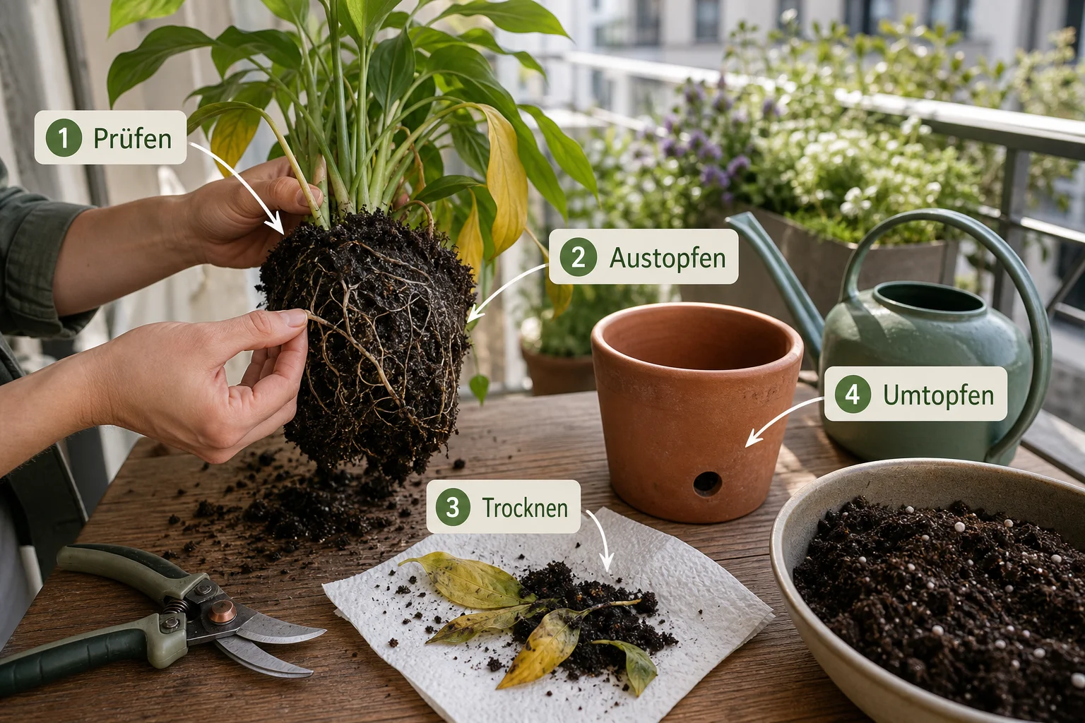 Erklärbild: Schritt-für-Schritt-Anleitung - Pflanzen Retten Übergossen Anleitung: Schritt-für-Schritt erklärt