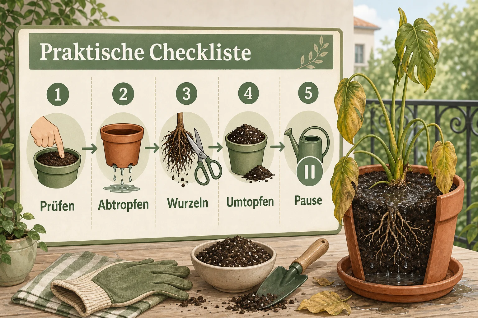 Infografik: Praktische Checkliste - Pflanzen Retten Übergossen Anleitung: Schritt-für-Schritt erklärt