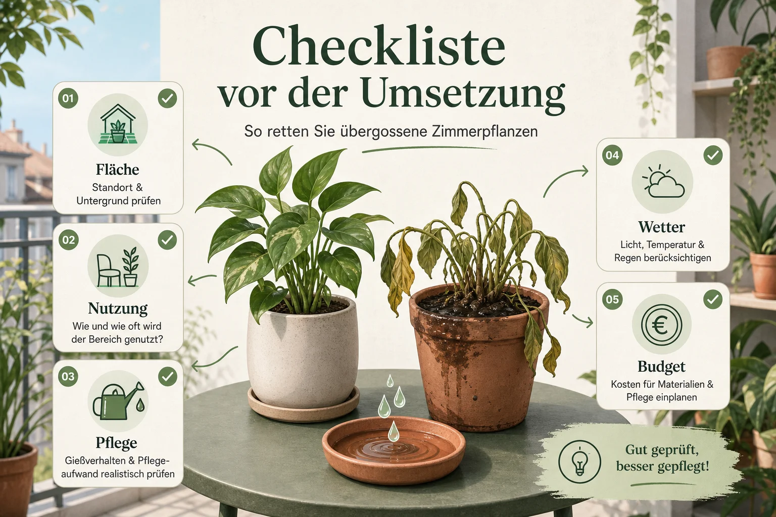 Infografik: Checkliste vor der Umsetzung - Pflanzen Retten Übergossen Anleitung: Schritt-für-Schritt erklärt
