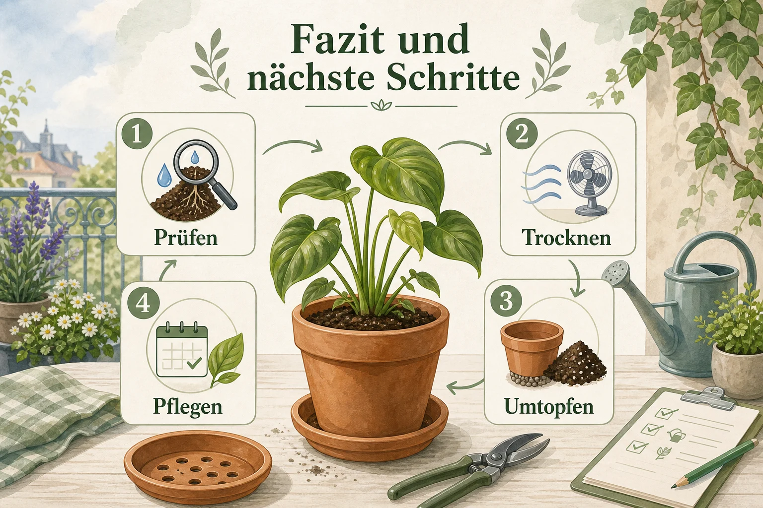 Infografik: Fazit und nächste Schritte - Pflanzen Retten Übergossen Anleitung: Schritt-für-Schritt erklärt